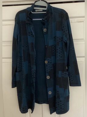 Chalet et Ceci Geometric Textured Knit Jacket | Teal Charcoal | Size M